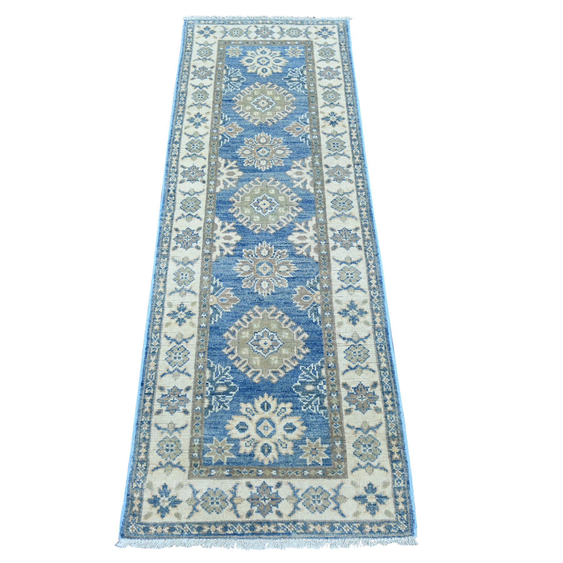 2'x5'8" Marlin Blue, Vintage Look Kazak with Tribal Medallions, 100% Wool, Hand Knotted, Natural Dyes, Short and Narrow Runner, Oriental Rug 
